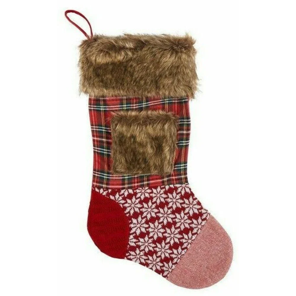 Christmas Stocking Patchwork Faux Fur Tartan Plaid Fair Isle Cabin Lodge Rustic